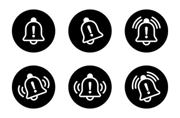 Poster - Warning notification bell outline icon set collection on black circle. Danger alarm sign symbol