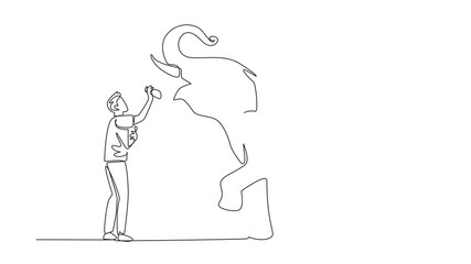 Poster - Animation of continuous line drawing a man stands in front of an elephant while putting food into the mouth of elephant. Save The Elephant Day. Single line self drawing animated. Full length motion