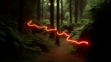 Wall Mural - red light streak through a lush green forest path, guiding through trees and vegetation