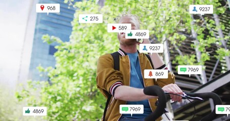 Poster - Riding bicycle, man talking on phone with animation of social media notifications