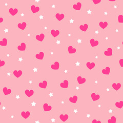 Fototapete - Cute hearts seamless pattern. Vector pink heart and star print on pastel pink background. Romantic Valentines Day backdrop texture for decoration, greeting, wedding design, wallpaper, textile.