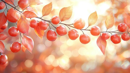 Wall Mural - Branch with red berries and leaves in sunlight, blurry background of bokeh lights