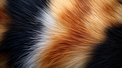 Wall Mural - Close-up of calico or tortoiseshell cat fur texture, showcasing the intricate patterns and vibrant colors of pet hair, symbolizing comfort, warmth, and the beauty of natural animal coats.


