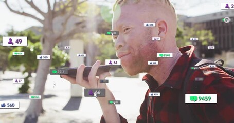Poster - Man using smartphone outdoors with social media notifications overlay animation