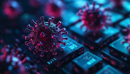 Poster - Cyber virus infiltrating a digital network, showcasing technology threats, digital infections, and the spread of cyber attacks