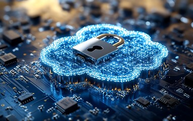 Poster - Digital concept of padlock on cloud and motherboard, visualizing internet security, cloud computing, and data privacy protection, generative AIdriven design