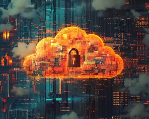 Poster - Generative AI image of a padlock securing a cloud and motherboard, visualizing internet data privacy, cloud computing security, digital information protection