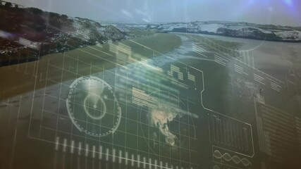 Poster - Animation of digital interface with data overlaying snowy mountain landscape