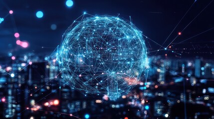 Poster - Abstract Cityscape with Futuristic Network Sphere: Connection and Innovation