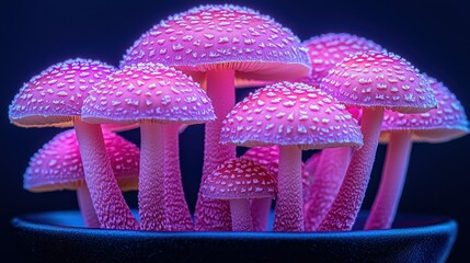 Wall Mural - Cluster of pink, spotted mushrooms glowing with bioluminescent light on black