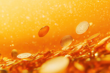 Poster - A pile of gold coins is falling from the sky. The coins are scattered all over the ground, creating a sense of abundance and wealth. The scene is filled with a feeling of excitement and possibility