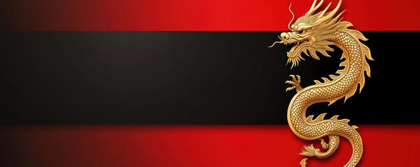Poster - A gold dragon is on a red background. The dragon is the main focus of the image. The red background and gold dragon create a sense of power and majesty