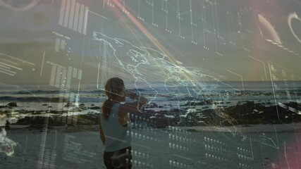 Poster - Person on beach with digital world map and data overlay animation
