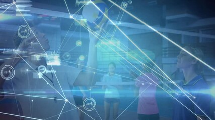 Poster - In gym, volleyball players practicing with animation showing digital data overlay