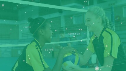 Poster - Two volleyball players smiling, surrounded by data processing animation in gym