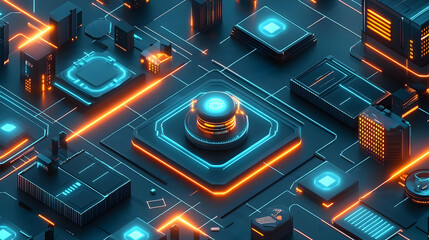 Poster - A futuristic circuit board with glowing components and intricate designs.