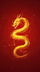 Poster - A gold dragon is on a red background. The dragon is curled up and has a fiery look