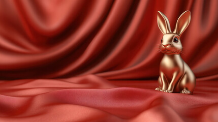 Poster - A gold rabbit is sitting on a red cloth. The rabbit is looking at the camera. The scene is set in a room with red curtains
