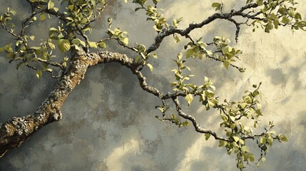 tree branch with green leaves against textured wall artwork