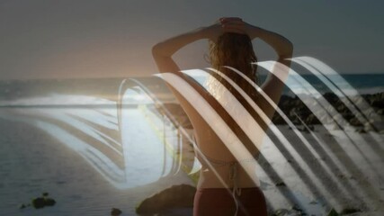 Poster - Woman standing on beach with abstract wave animation overlaying scene