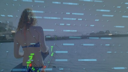 Poster - Woman in swimsuit at beach with digital data processing animation overlay