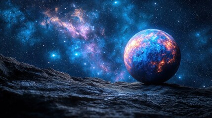 Wall Mural - Distant planet rises over rocky terrain against a starlit, cosmic background