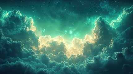 Wall Mural - Dreamy teal sky with fluffy clouds and a glowing center, starry expanse