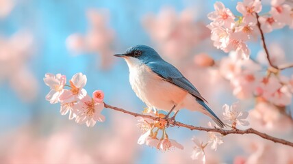 Naklejka na meble Blue and White Bird Perched on Pink Cherry Blossoms Branch Against a Bright Sky in Springtime Detailed Wildlife Scene