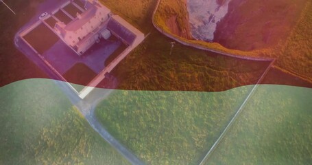 Poster - Animation of colorful buildings and winding paths in landscape from above view