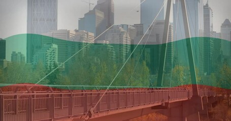 Poster - Cityscape with modern bridge and buildings over Bulgarian flag animation