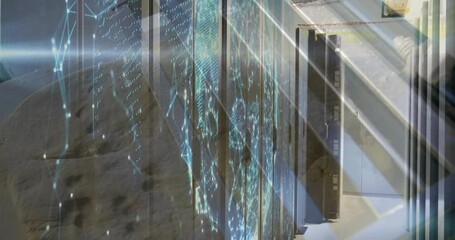 Poster - Animation of glowing blue lines overlaying digital data patterns in server room