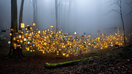 Wall Mural - illuminated squares float through a foggy forest, creating a magical, surreal landscape