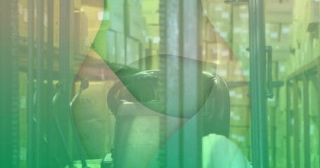 Poster - Warehouse shelves stacked with boxes, featuring animation of abstract green shapes