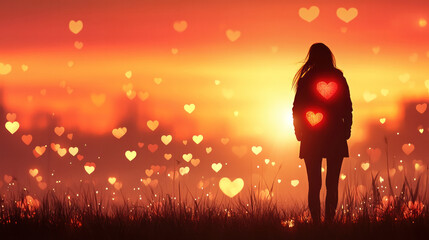 Poster - A woman stands in a field of hearts, with the sun setting in the background. The scene is romantic and peaceful, with the woman's heart visible on her jacket