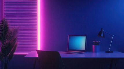 Poster - Modern workspace with laptop and lamp illuminated by neon light in a dark room