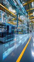 Poster - A futuristic industrial setting with a yellow line on the floor. The image is a computer generated rendering of a factory floor