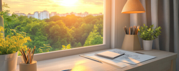 Poster - A desk with a window and a lamp. The window has a view of a forest and the lamp is turned on