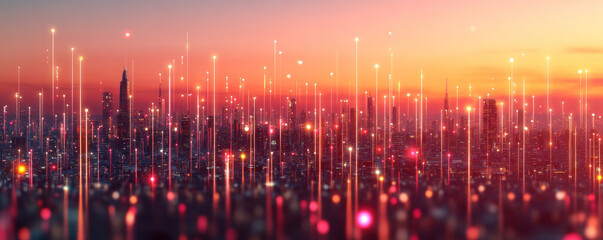 Poster - A city skyline with many buildings and a bright orange sky. The city is lit up with many lights, creating a vibrant and energetic atmosphere. Concept of excitement and movement