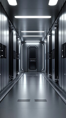 Poster - A long, narrow hallway with a door in the middle. The hallway is lit up with bright lights, giving it a futuristic and industrial feel