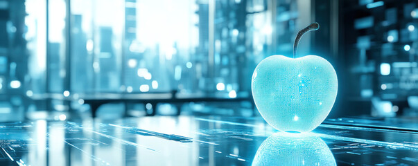 Poster - A blue apple is lit up and placed on a table. The image has a futuristic and technological feel to it