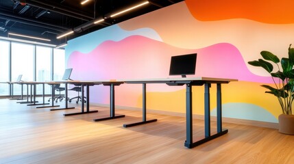 Poster - Modern office space with colorful wall art, empty desks, and plants creating a vibrant atmosphere