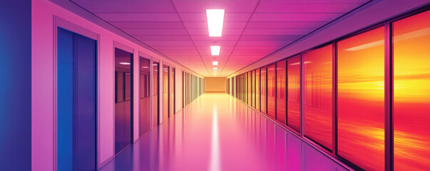 Poster - A long hallway with many doors and windows. The walls are painted in different colors, creating a vibrant and lively atmosphere. The windows let in natural light, making the space feel bright