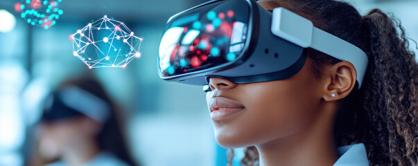 Poster - A woman wearing a virtual reality headset is looking at a computer screen. Concept of excitement and wonder as the woman immerses herself in the virtual world