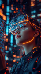 Poster - A woman wearing a virtual reality headset is looking at a screen. The image is a futuristic, neon-lit cityscape