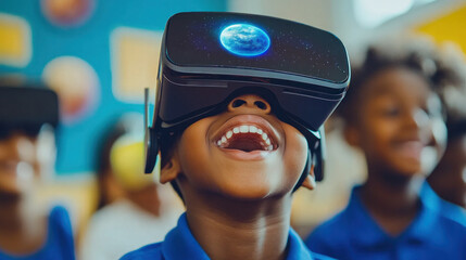 Poster - A young boy is wearing a virtual reality headset and smiling. He is surrounded by other children who are also wearing headsets