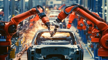 Poster - Automated vehicle manufacturing with robotic arms welding car bodies in automotive factory