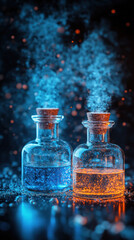 Poster - Two vases of different colors, one blue and one orange, are filled with a blue liquid