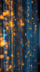 Poster - A computer screen with a series of numbers and letters in orange and blue. Concept of technology and complexity
