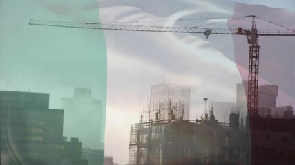 Poster - Crane at construction site with buildings, abstract green and white animation shapes
