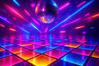© Aleksandra - Vibrant neon lit disco dance floor with shimmering mirror ball and colorful lights